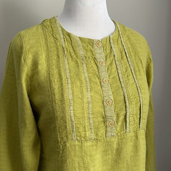 FLAX 100% LINEN “ I Am Happy” Embroidered Long Sleeve Top Lime Green Size S - Picture 4 of 9